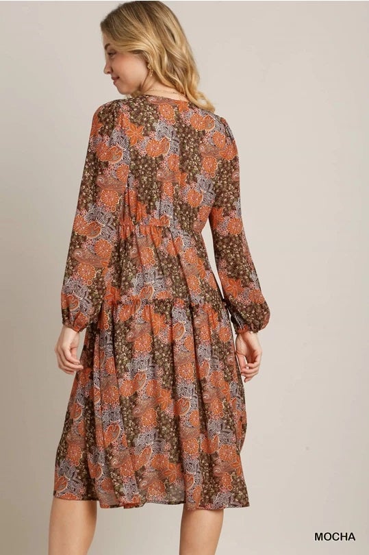 Umgee - C3635 Mocha V-Neck Cross Over Tiered Long Sleeve Maxi Dress |  TAYLOR'S BOUTIQUE AND GIFTS