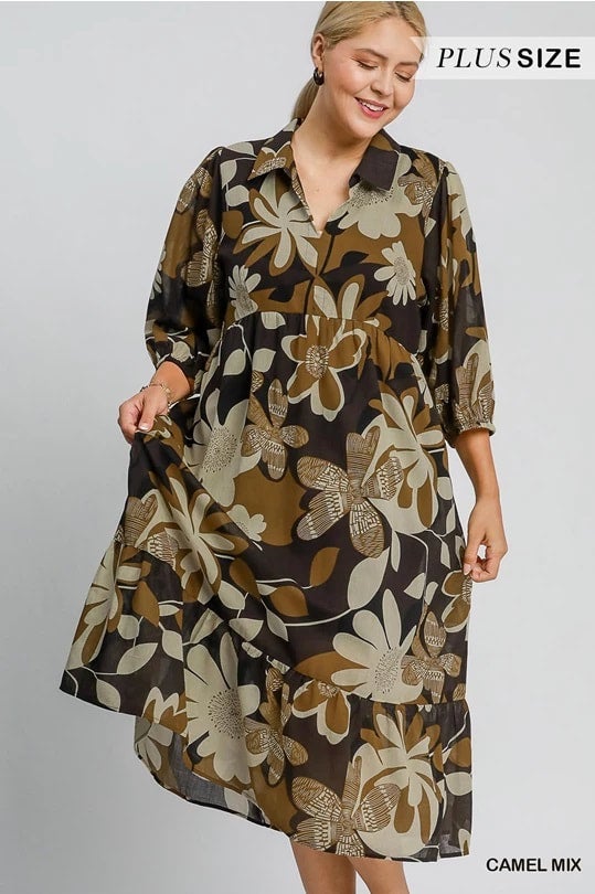 knee length dresses for ladies Umgee Camel Floral Tiered Midi Dress with Collared Neck and 3/4 Sleeves