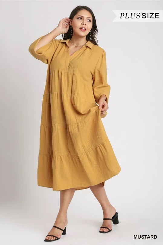 umgee collared tiered midi dress Umgee Women's Collared V-Neck Midi Dress - Blue, Size Medium